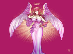 1girls angel angel_wings bare_shoulders big_breasts blue_eyes breasts cleavage closed_mouth collarbone dress female female_only female_solo gloves goddess half-closed_eyes hand_on_hip lavender_dress lips lipstick long_dress looking_at_viewer makeup nanatsu_no_taizai neck nerobasta red_gloves red_hair red_lipstick smile solo standing strapless strapless_dress thegoldensmurf wings