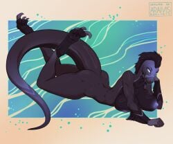 2025 3_toes 5_fingers anthro araivis-edelveys areola ass biped blue_eyes breasts claws digital_media_(artwork) dinosaur dromaeosaurid feet female fingers grey_body grey_hair grey_skin grey_tail looking_at_viewer lying nipples non-mammal_breasts nude nude_anthro nude_female on_front prehistoric_species reptile scalie simple_background smile solo tail theropod toe_claws toes velociraptor