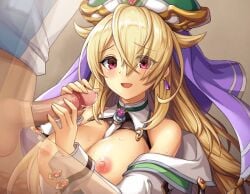 animated animated_gif blonde_hair breasts breasts_out exposed_breasts gif handjob kamihime_project kamihime_project_r large_breasts long_hair precum stroking_penis uncensored violet_eyes