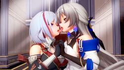 2girls 3d blue_eyes bronya_rand french_kiss grey_eyes grey_hair honkai:_star_rail honkai_(series) kissing lesbian_kiss lesbinan long_hair miruno_(artist) short_hair tongue tongue_out tongue_wrap topaz_(honkai:_star_rail) white_hair yuri