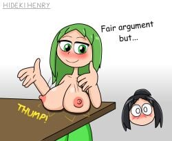 big_breasts breast_awe breasts busty fair_argument_but… green_eyes green_hair hideki(hideki_henry) hidekihenry jennifer(hideki_henry) meme original original_character text tit_drop