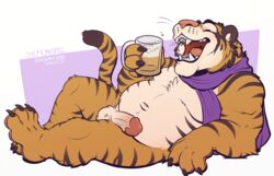 1boy alcohol anthro balls beer beverage erection feline fur male male_only mammal nude open_mouth penis scarf simple_background slightly_chubby smile solo striped_fur stripes themongrel tiger tongue