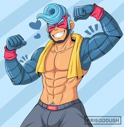 1boy 2018 abs arms_(game) bara biceps blue_hair blush bulge clothing flaccid flexing frieddough grin human male male_only mask muscle muscles muscular muscular_male nintendo partially_clothed pecs pubic_hair shirtless smile solo spring_man topless