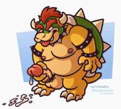 1boy anthro balls bowser cock_ring collar cum erection full_body hair koopa male male_only mario_(series) masturbation nintendo nipples nude penile_masturbation penis red_hair scalie simple_background solo spikes themongrel tongue tongue_out video_games