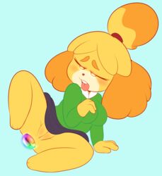 2018 anal anal_sex animal_crossing anthro canine cyan_background female hi_res isabelle_(animal_crossing) mammal midnight-kinky-kitsune nintendo penetration pussy shortstack solo super_smash_bros. tongue video_games