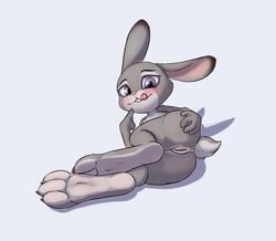 2018 anthro anus ass blush buckteeth butt_grab disney female foot_focus fur furry furry_only grey_fur hand_on_butt judy_hopps lagomorph licking licking_lips looking_at_viewer lying mammal nude on_side paws presenting presenting_anus presenting_pussy purple_eyes pussy pussy_juice rabbit seductive simple_background slowderpyguy solo tail teeth tongue tongue_out white_background zootopia