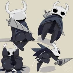 1boy arthropod ass backpack balls bent_over big_penis black_penis casual cloak clothing cum cum_in_ass cum_inside dark_skin erection holding_legs hollow_knight humanoid_penis insects legs_up male male_only meatshaq outerwear penis protagonist_(hollow_knight) running sitting solo weapon