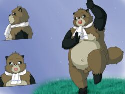 1boy 2011 anthro balls belly brown_fur canine closed_eyes fur heisei_tanuki_gassen_ponpoko humanoid_hands kusunokisippo male male_only mammal moobs navel night overweight overweight_male penis pom_poko scarf solo studio_ghibli tanuki testicles