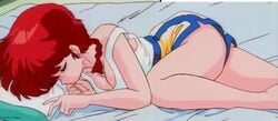 1girls animated buruma canon_genderswap cleavage clothed genderswap_(mtf) loose_clothes official_animation on_bed ranma-chan ranma_1/2 ranma_saotome red_hair rule_63 shorts sleeping solo sound tagme thighs video