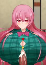 1boy 1girls blush clothed clothed_paizuri cum cum_between_breasts expressionless hata_no_kokoro huge_breasts paizuri pink_hair tagme titjob touhou we_(bose-f)