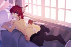 2018 anthro ass bed brown_fur clothing digital_media_(artwork) drawing ear_tuft feline female fur hair iskra kordi legwear looking_at_viewer lying lynx mammal markings nude paws pencil_(disambiguation) pussy red_hair solo stockings tuft