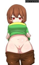 blush breasts chara chibi fae-sama flashing hypnotized_personality_change hypnotized_presentation hypnotized_undressing innie_pussy large_breasts looking_at_viewer looking_down looking_down_at_viewer petronoise pussy pussy_juice shorts simple_background smile tagme toby_fox undertale undertale_(series)