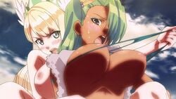 10s 2girls animated animated_gif areolae bikini_warriors bounce bouncing_breasts breasts hunter_(bikini_warriors) large_breasts multiple_girls nipples screencap screenshot valkyrie_(bikini_warriors) yuri