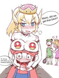 2boys 2girls bleeding blonde_hair blue_eyes blush bowsette breasts breasts_on_head breasts_out breasts_out_of_clothes censored censored_breasts choker comedy crown dialogue earrings eyes fangs female funny greenteaneko hat horn human humanized humor koopa large_breasts looking_at_viewer luigi male mario mario_(series) mario_tennis moustache mushroom mustache new_super_mario_bros._u_deluxe nintendo nipple_censor nosebleed pointy_ears ponytail princess_peach rule_63 sexually_ignorant shell sketch spikes super_crown super_mario_bros. tennis tennis_racket tennis_uniform text topless