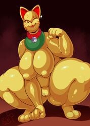 alternate_version_at_source anthro bell big_breasts breasts collar crouching feline feline female gold_(metal) mammal maneki_neko meganemausu nipples nude one_eye_closed paws pussy shadow solo thick_thighs wink