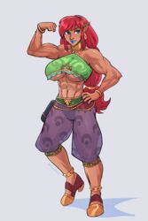 1girls abs bare_calves bare_midriff biceps big_breasts blue_eyes breasts breath_of_the_wild brellom busty calves capri_pants cleavage dark-skinned_female dark_skin earrings female female_only flexing freckles full_body gerudo gerudo_link gerudo_sirwal gerudo_top gerudofication hourglass_figure large_breasts link lipstick long_hair looking_at_viewer muscles muscular muscular_female navel nintendo pinup pointy_ears pose posing race_swap red_hair rule_63 solo standing the_legend_of_zelda toned toned_female underboob veil voluptuous