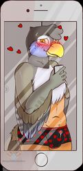 1boy 2018 anthro avian blush clothed clothing digital_media_(artwork) fur grumpy_griffin_creations_(artist) hi_res looking_at_viewer male male_only penis phone precum selfie simple_background smile solo standing wings