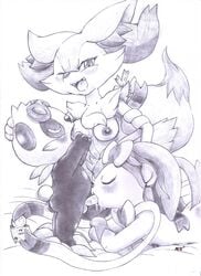 1boy 2girls anthro big_ears braixen breast_sucking breasts canine condom eeveelution fellatio fox fullfolka furry interspecies long_ears nintendo nipples oral original_character pancham panda partially_colored penis pokémon_(species) pokemon pokemon_(species) pokemon_xy ribbons sex size_difference sketch standing straight sylveon teeruuna text video_games watermark