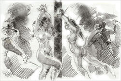 arms_up ass bondage breasts clothed_female_nude_female female femsub kindinov monochrome multiple_girls multiple_subs nipples nude punishment rope sketch whipping