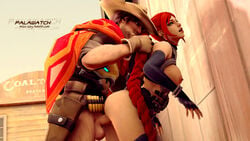 3d areolae balls big_areola blizzard_entertainment breasts cassie_(paladins) cole_cassidy cowboy_hat duo female from_behind male miss_ixxy nipples overwatch paladins penis red_hair source_filmmaker straight tagme tumblr_username