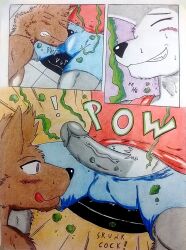 2016 anthro barazoku black_nose black_penis blush blush_lines bodily_fluids brown_body brown_fur bulge bulge_sniffing canid canine canis clothing comic comic_panel dashthefox duo erection fur genitals gym gym_equipment hi_res licking licking_lips licking_own_lips male male/male mammal manly mephitid muscular musk musk_clouds musk_fetish musk_worship musky_balls musky_cock onomatopoeia penis punky_skunk purple_eyes red_clothing red_shirt red_tank_top red_topwear shirt skunk sound_effects sweat sweatdrop tank_top text tongue tongue_out topwear traditional_media_(artwork) vein veiny_penis wolf