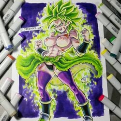 1girls areolae artist_name artist_signature aura bare_shoulders big_breasts boots bracelet bracelets breasts broly broly_(dragon_ball_super) busty clothing color colored dragon_ball dragon_ball_super earring exposed_breasts female female_broly female_only footwear green_hair hair hands_up hoop_earrings humanoid jpcortes large_breasts legendary_super_saiyan mouth_open muscle muscles muscular muscular_female navel nipples no_bra nude nude_female open_mouth panties pelt photo_(medium) round_ears rule_63 saiyan scar scars solo standing stockings super_saiyan teeth toned toned_female tongue topless traditional_media_(artwork) uncensored underwear white_eyes