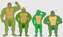 4boys anthro balls donatello_(tmnt) flaccid humanoid_penis leonardo_(tmnt) male male_only michelangelo_(tmnt) monochrome muscular muscular_male penis penis_size_difference raphael_(tmnt) reptile retracted_foreskin scalie size_comparison size_difference slightly_chubby teenage_mutant_ninja_turtles turtle uncut vein white_background wkd