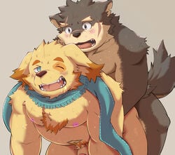 all_fours anal blush canine cusith doggy_style from_behind_position fur male mammal moritaka nipples overweight penis scarf sex slightly_chubby sweat tokyo_afterschool_summoners tongue tongue_out toraya_inugami yaoi yellow_fur