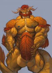 1boy abs anthro balls beard biceps big_balls big_muscles big_penis claws dragon erection facial_hair first_person_view fur furry glowing glowing_eyes gold_scales goroguro hair holding_penis horn huge_cock humanoid_penis looking_at_viewer low-angle_view male male_only muscles muscular muscular_male nipples pecs penis precum presenting ragoren red_hair solo standing teeth testicles tuft vein