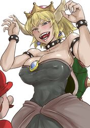 1boy 1girls big_breasts black_dress blonde_hair blue_eyes bowsette choker female genderswap green_shell horns male mario mario_(series) new_super_mario_bros._u_deluxe nintendo omote_uraura sharp_teeth super_crown super_mario_bros. white_nails