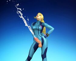 3d blonde_hair bodysuit central-tides cum cum_shot futa_only futanari green_eyes hand_on_hip intersex large_penis metroid nintendo orgasm samus_aran skin_tight xnalara xps zero_suit zero_suit_samus