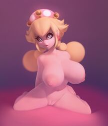 1girls blonde_hair blue_eyes braid breasts crown earrings female female_only full_body fungi_fauna gradient gradient_background huge_breasts jewelry mario_(series) mystical navel new_super_mario_bros._u_deluxe nintendo nipples nude peachette pink_background plantpenetrator pussy solo super_crown toadette twin_braids