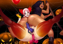 2girls balloon_animal clown hijabolic jack-o'-lantern multiple_girls pennywise rule_63 spider_web stockings tagme tentacle