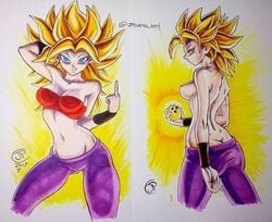 aura bimbo blue_eyes caulifla dragon_ball dragon_ball_super jpcortes photo_(medium) saiyan super_saiyan traditional_media_(artwork) tubetop yellow_hair