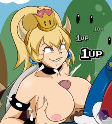 1boy 1girls 1up absurd_res absurdres bare_shoulders big_breasts biting_lip blue_earrings bowsette busty choker cleavage clothed_male_nude_female crown cum cum_between_breasts cum_volcano cumshot ejaculation_between_breasts fangs frankaraya genderswap green_lipstick green_nails green_shell grin horn horns huge_breasts large_breasts light_skin looking_at_another looking_at_partner looking_up mario mario_(series) new_super_mario_bros._u_deluxe nintendo orgasm outdoors outercourse outside paizuri pink_nipples pubic_hair sharp_teeth smile spiked_collar spiked_shell straight super_crown super_mario_bros.