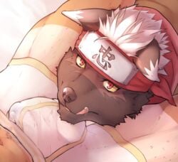 anthro bulge canine clothing erection head_between_legs headband human human_on_anthro interspecies male mammal navel precum scarf suntan tadatomo tan_line tenting tokyo_afterschool_summoners tongue underwear yaoi 虎杖