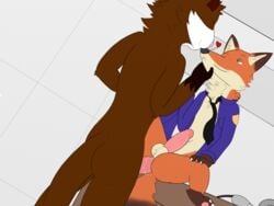 anal anal_sex anthro balls bathroom canine claws clothing disney fox gay humanoid_penis male male_only mammal mustelid necktie nick_wilde otter penetration penis precum public smile vigmarr yaoi zootopia