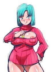 :p areola_slip areolae bare_legs between_breasts blue_eyes blush breasts bulma_briefs cleavage cleavage_cutout condom condom_wrapper cowboy_shot dragon_ball dragon_ball_z earrings female green_hair hand_on_hip highres jewelry large_areolae large_breasts legs long_sleeves looking_at_viewer naughty_face rickert_kai short_hair simple_background smile solo standing sweater thighs tongue tongue_out turtleneck turtleneck_sweater white_background