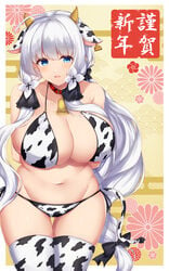 1girls 2021 absurdres ahoge alternate_costume animal_ears animal_print arashiki_mamizu arm_behind_back arms_behind_back azur_lane bare_shoulders bell blue_eyes blush bow breasts cleavage collar cow_ears cow_girl cow_horns cow_print cow_print_bikini cow_print_legwear curvy female female_focus female_only hair_ribbon hairbow halterneck highres horns illustrious_(azur_lane) large_breasts legwear long_hair navel neck_bell open_mouth ribbon solo solo_female thighhighs thighs tress_ribbon tri_tails very_long_hair white_hair year_of_the_ox