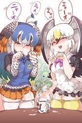 2girls bird_tail bird_wings black-tailed_gull_(kemono_friends) black_hair blue_bow blue_hair blush bow bowtie breasts commentary_request cum cum_in_container cum_in_cup cup dress erection erection_under_clothes eyebrows_visible_through_hair frilled_dress frills futanari hair_between_eyes hands_up head_wings highres indian_peafowl_(kemono_friends) intersex kemono_friends large_breasts lips long_hair long_sleeves looking_at_viewer multicolored_hair multiple_girls open_mouth panties panty_pull pantyhose pantyhose_pull paw_pose peacock_feathers purple_bow red_eyes short_hair short_sleeves skirt smile standing table tail tanaka_kusao translation_request underwear upper_teeth white_hair white_legwear white_panties wings wristband yellow_eyes yellow_legwear