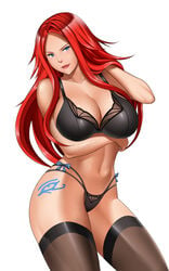 black_bra black_panties blue_eyes bow bra breasts cleavage female leg_tattoo long_hair looking_at_viewer metalbolic navel original red_hair simple_background smile solo tattoo thighhighs underwear underwear_only white_background