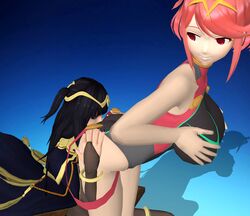 10s 2girls 3d arched_back armor ass ass_grab bangs bikini_top black_hair black_leotard bodystocking bodysuit bracelet breast_squeeze breasts bridal_gauntlets central-tides crossover female fingerless_gloves fire_emblem fire_emblem_awakening gloves hair_ornament head_back hime_cut huge_breasts jewelry large_penis leotard long_hair matching_hair/eyes medium_breasts multiple_girls nail_polish naughty_face nintendo pyra red_eyes red_hair red_leotard rubbing see-through shadow short_hair shoulder_armor sitting skin_tight spaulders squeezing standing straight swept_bangs table tharja_(fire_emblem) tiara xenoblade_(series) xenoblade_chronicles_2 xnalara yuri