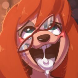 anthro black_nose blush canine cum cum_in_mouth cum_inside disney eyewear female front_view fucked_silly glasses goof_troop green_eyes hair headshot_portrait komponi long_hair mammal messy_hair open_mouth open_smile orange_hair portrait smile solo sylvia_marpole