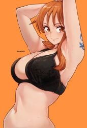 1girls aosora armpit armpits arms_up belly_button black_bra blush bra breasts brown_eyes female female_focus female_only ginger ginger_hair midriff nami nami_(one_piece) nearly_nude one_piece pre-timeskip red_hair shoulder_tattoo smile smiling solo sweat sweat_drop sweating sweaty tattoo