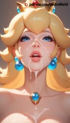 1girls ai_generated blonde_hair bukakke electroworld female leaking_cum mario_(series) princess_peach spermbreasts