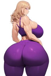 ai_generated big_ass big_breasts big_butt blonde_hair bubble_butt bursting_breasts fat_ass goldencum34 huge_ass jessie_(goldencum34) looking_at_viewer original_character pink_eyes purple_clothing purple_yoga_pants thick_thighs tight_clothing wide_hips