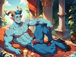 ai_generated bara bara_tiddies bara_tits blue_body blue_fur blue_hair blue_penis blue_skin cum_dripping_from_penis cum_in_a_cup drinking_cum dripping_cum furry hooves horns horns_and_hooves incubus legs_apart lustful_gaze male male_only nipple_piercing ritual_sex satyr seductive_look seductive_smile spaceemperor32089 temple