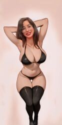 ai_generated armpits big_breasts bikini brown_hair csdraw curvy curvy_figure glasses large_breasts original_character pose realistic red_lipstick simple_background slim_waist smiling_at_viewer stable_diffusion thick_legs thick_thighs