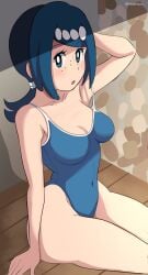 1girls big_breasts blue_eyes blue_hair blue_swimsuit breasts cleavage female female_only freckles freckles_on_face game_freak hair lana's_mother_(pokemon) mature mature_female mature_woman milf mother one-piece_swimsuit pabsmikan pokemon pokemon_sm ponytail solo solo_female swimsuit swimwear thighs