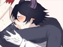 2boys bishonen black_hair black_pants blush colored_skin demon demon_boy demon_horns face_closeup fellatio funamusea gay haiyahaiyohai horns ivlis looking_at_another oral_sex purple_eyes satanick short_hair skinny sweat the_gray_garden white_shirt white_skin yaoi young